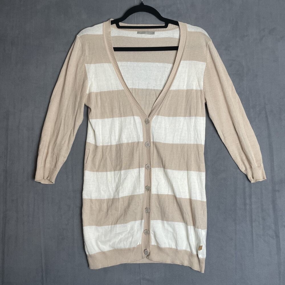 Pietro Filipi Cardigan Womens Medium Beige White Striped Long Button Lightweight